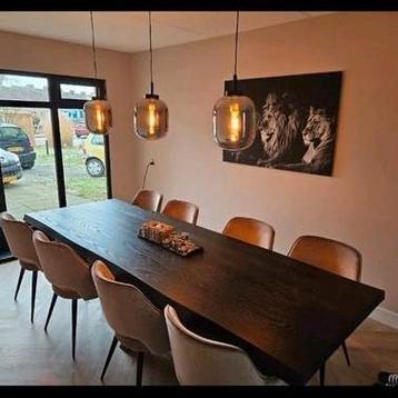 Boomstam tafel 300cm met 8 eetkamerstoelen velvet velours  beschikbaar voor biedingen