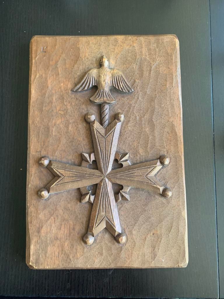 Oud houtsnijwerk paneel met hugenotenkruis, Ophalen of Verzenden