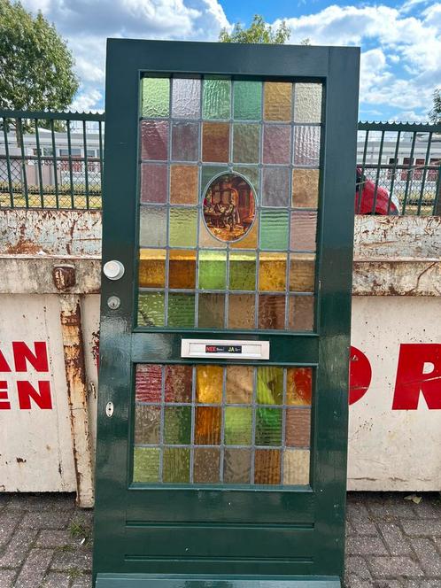Nette oude hardhouten deur met glas-in-lood, Doe-het-zelf en Verbouw, Deuren en Horren, Zo goed als nieuw, Binnendeur, 200 tot 215 cm