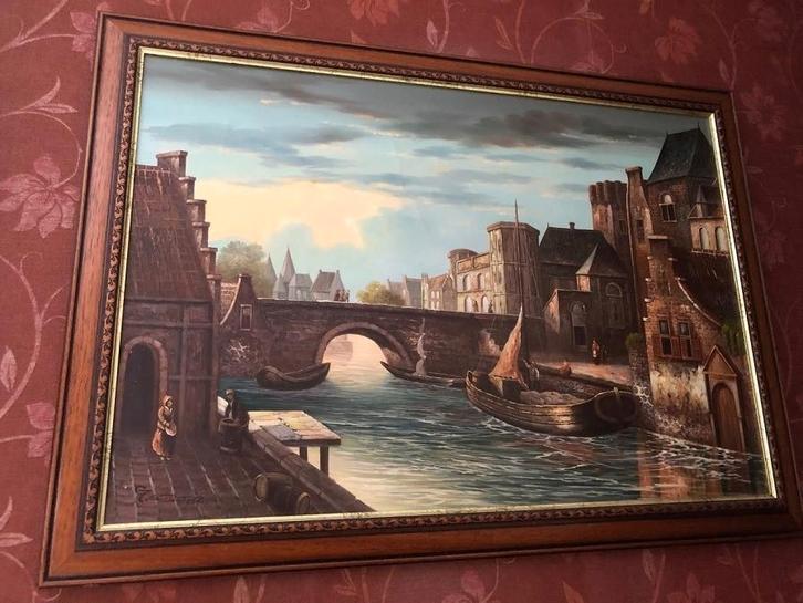 Groot schilderij gesigneerd oude stad - olieverf op doek, Antiek en Kunst, Kunst | Schilderijen | Klassiek, Ophalen