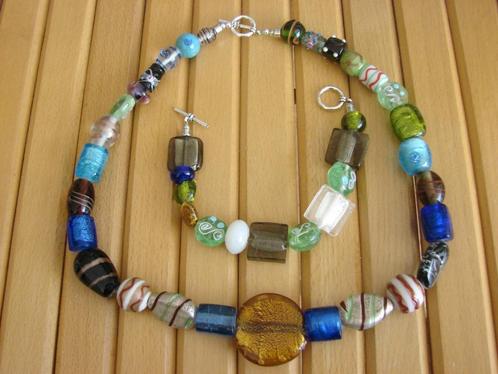 Ketting set Murano lampwork, zilverfoil, bruidstaart kralen., Sieraden, Tassen en Uiterlijk, Kettingen, Zo goed als nieuw, Overige materialen