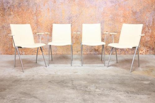 ZGAN! 4 gebroken witte leren Leolux Natello design stoelen, Huis en Inrichting, Stoelen, Zo goed als nieuw, Vier, Leer, Metaal