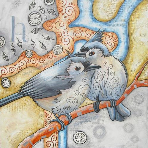 Vrolijk Schilderij van een setje kuifmezen, Antiek en Kunst, Kunst | Schilderijen | Modern, Ophalen of Verzenden