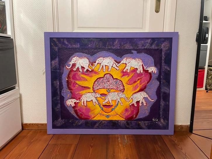 Ria Valk Schilderij - Olifanten in Felle Kleuren, Antiek en Kunst, Kunst | Schilderijen | Abstract, Ophalen