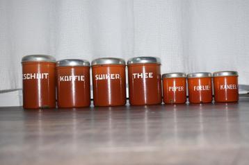 Emaille oranje gevlamde bussen set 7x retro vintage beschikbaar voor biedingen