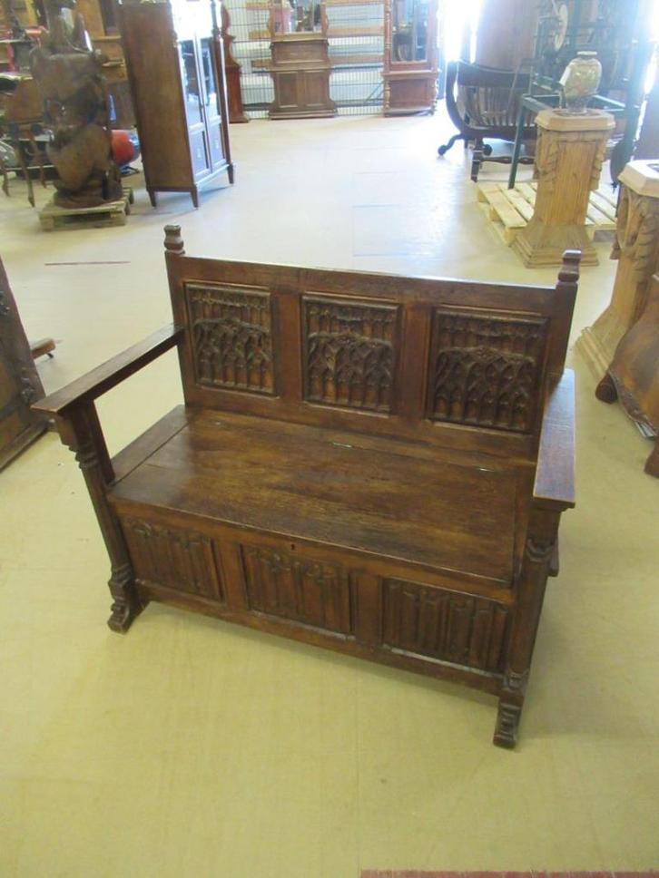 Oer 11493 ANTIEKE eikenhouten Neo Gotische klepbank, Antiek en Kunst, Antiek | Meubels | Stoelen en Banken, Ophalen