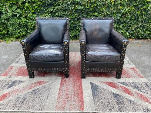 2 x Ralph lauren zwart leren generfde fauteuils !!!!, Huis en Inrichting, Fauteuils, Gebruikt, Hout, Leer, 50 tot 75 cm, Minder dan 75 cm