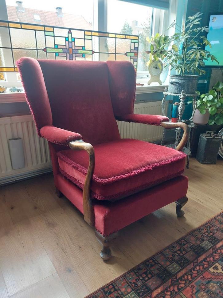 Vintage rode fauteuil met hocker,jaren 50!!, Huis en Inrichting, Fauteuils, Gebruikt, 50 tot 75 cm, Ophalen