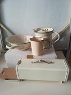 Vintage emaille vergiet, maatkan,melkkoker peperkoektrommel, Ophalen of Verzenden