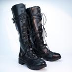 Zwarte leren hoge laarzen met veter en rits dames steampunk, Nieuw, Hoge laarzen, Zwart, Verzenden