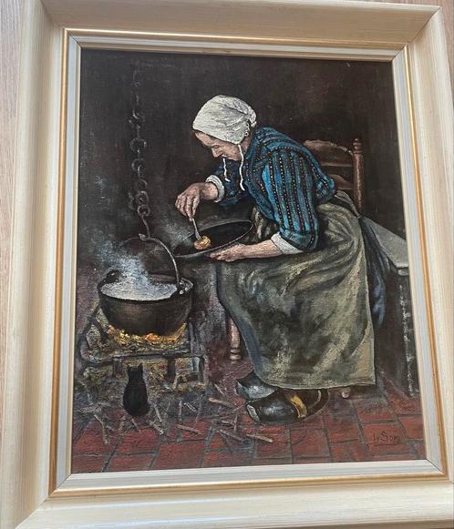 Klassiek schilderij: Vrouw aan het koken, Iv. Sog gesigneerd, Antiek en Kunst, Kunst | Schilderijen | Klassiek, Ophalen of Verzenden