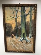 Klein oud schilderijtje gesigneer “winterbos” achter glas, Ophalen of Verzenden