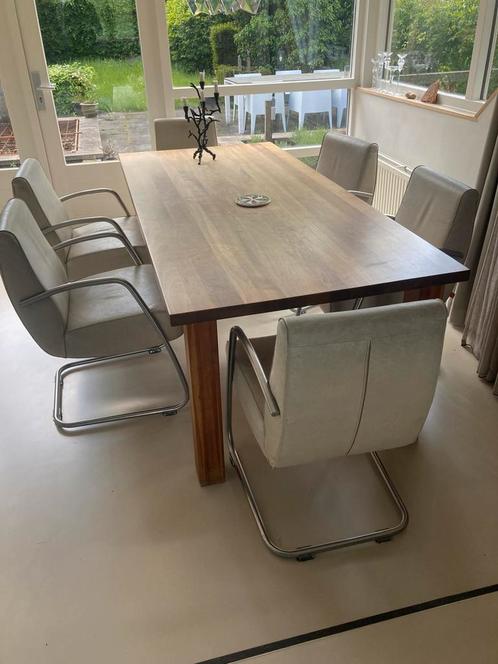 Massieve kersenhouten tafel met 6 leren stoelen (merk: jess), Huis en Inrichting, Complete eetkamers, Gebruikt, Ophalen