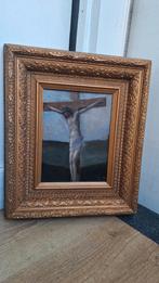 Antieke schilderij op paneel Jesus aan kruis, Ophalen of Verzenden