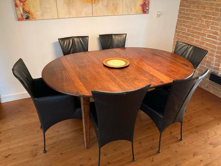 Zes leren eetkamerstoelen, Huis en Inrichting, Stoelen, Gebruikt, Vijf, Zes of meer stoelen, Leer, Zwart, Ophalen