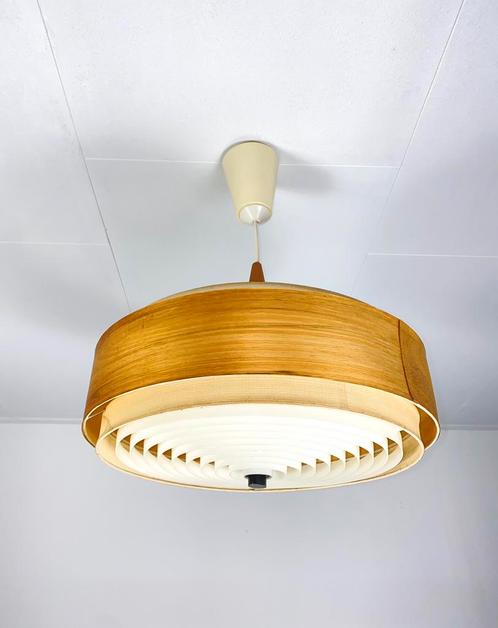 Vintage hanglamp teak hout kunststof wit jaren 50/60, Huis en Inrichting, Lampen | Hanglampen, Gebruikt, 50 tot 75 cm, Hout, Ophalen