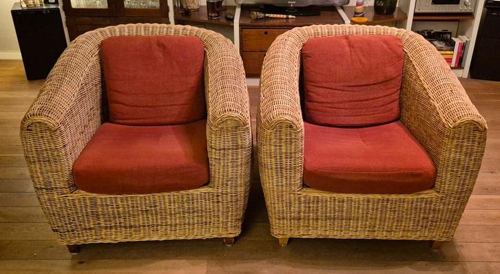 Twee rieten fauteuils verstevigd en comfortabel, Huis en Inrichting, Fauteuils, Gebruikt, 50 tot 75 cm, 75 tot 100 cm, Ophalen