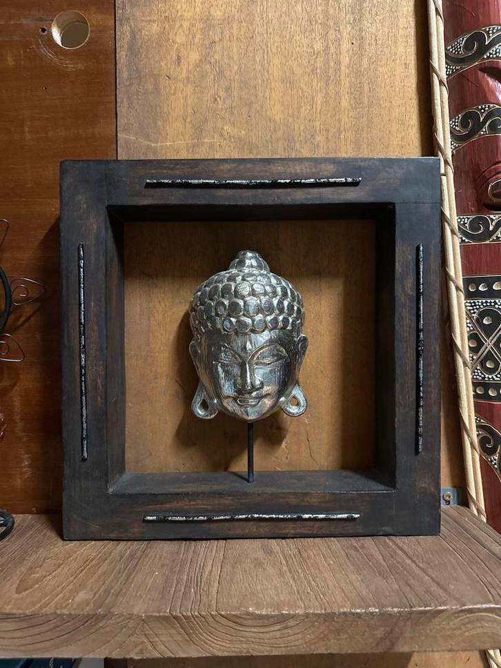 Buddha Hoofd in Houten Frame, Huis en Inrichting, Woonaccessoires | Boeddhabeelden, Zo goed als nieuw, Ophalen of Verzenden
