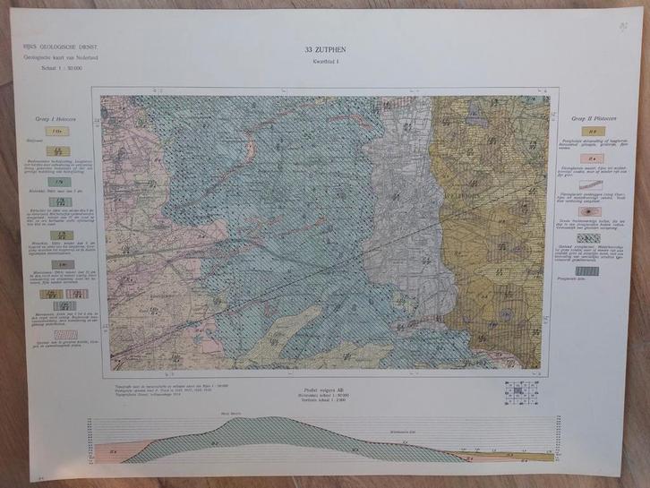 92 / Geologische kaart uit 1934 Zutphen kwartblad I, Boeken, Atlassen en Landkaarten, Zo goed als nieuw, Landkaart, Nederland