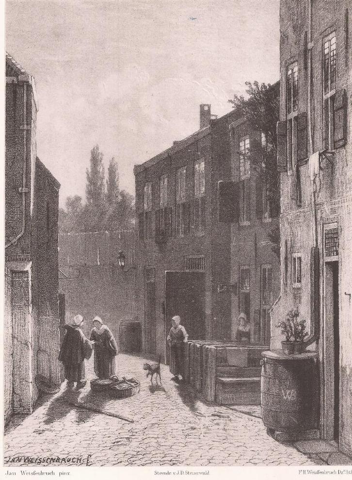 Den Haag Gezicht op het hofje aan de Nieuwe Haven Weissenbru, Antiek en Kunst, Kunst | Etsen en Gravures, Ophalen of Verzenden