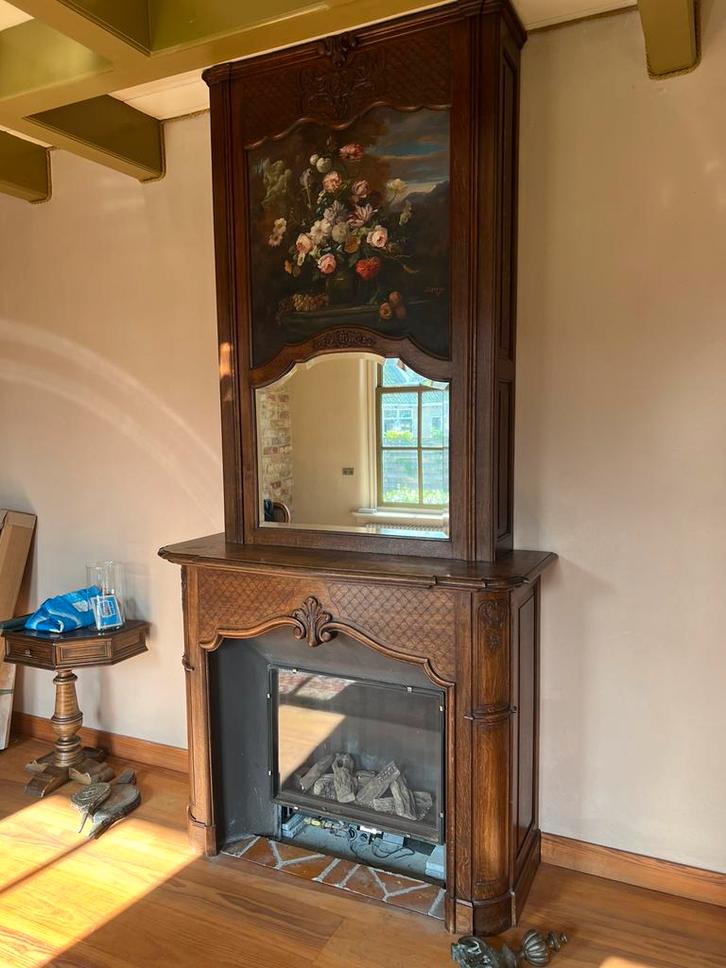 Schitterende antieke eikenhouten schouw met gashaard., Huis en Inrichting, Haarden, Gebruikt, Gashaard, Ophalen of Verzenden