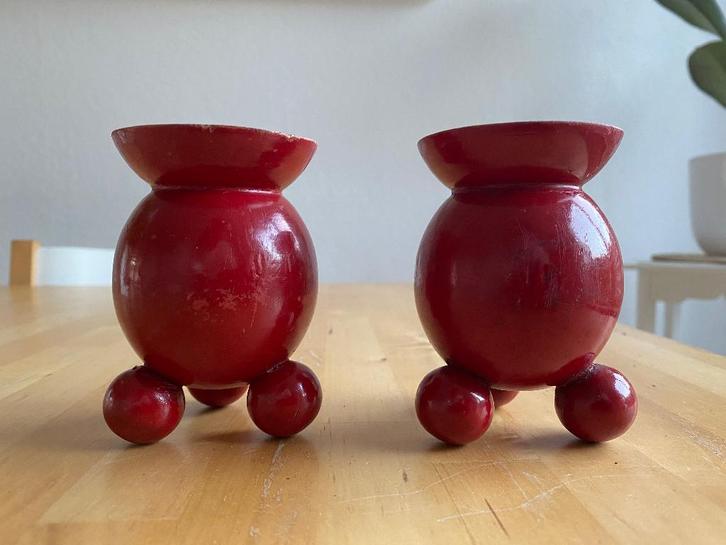 2 Vintage Zweedse Kerst Bol kandelaars voor Dinerkaars hout, Diversen, Kerst, Zo goed als nieuw, Ophalen of Verzenden