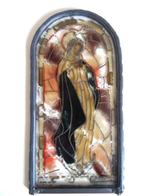 Antiek, Maria geschilderd op glas. Gesigneerd. Kader in lood, Antiek en Kunst, Verzenden