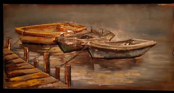 Unieke 3D metalen schilderij 70x140cm - 3 bootjes aangemeerd beschikbaar voor biedingen