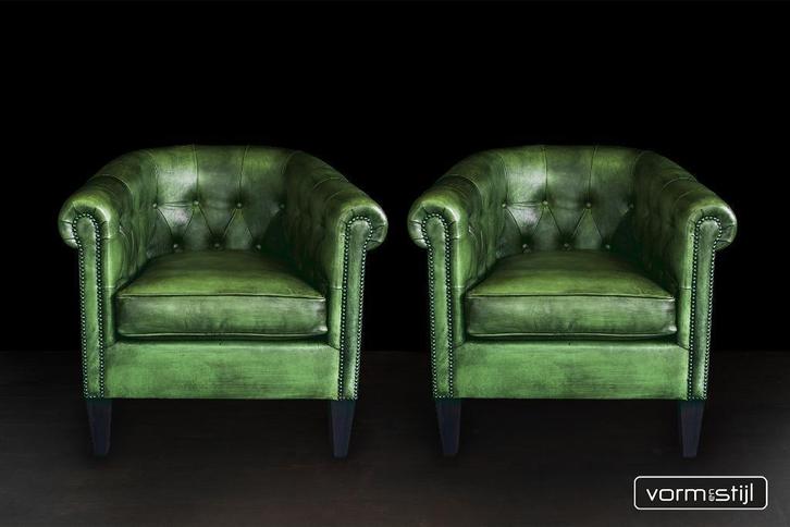 Gecapitonneerde chesterfield clubfauteuils forest green, Huis en Inrichting, Fauteuils, Nieuw, Leer, 75 tot 100 cm, 75 tot 100 cm