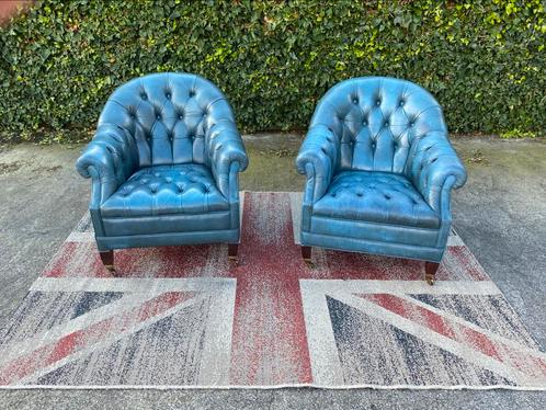 2 x originele Engelse leren chesterfield fauteuils !!!, Huis en Inrichting, Fauteuils, Gebruikt, Hout, Leer, 75 tot 100 cm, 75 tot 100 cm