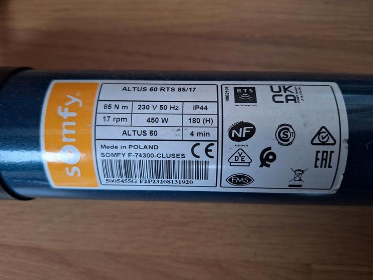Buismotor Somfy 85 Nm, Doe-het-zelf en Verbouw, Rolluiken, Zo goed als nieuw, Minder dan 100 cm, Minder dan 100 cm, Wit, Ophalen