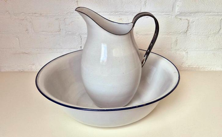 Emaille lampetstel en ontbijt set, Antiek en Kunst, Antiek | Emaille, Ophalen of Verzenden