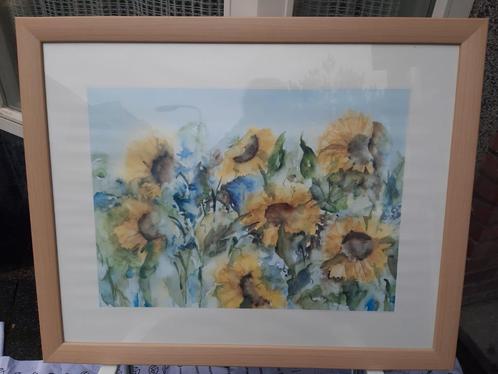 Schilderij, aquarel, zonnebloem, in mooie lijst, Huis en Inrichting, Woonaccessoires | Schilderijen, Tekeningen en Foto's, Zo goed als nieuw