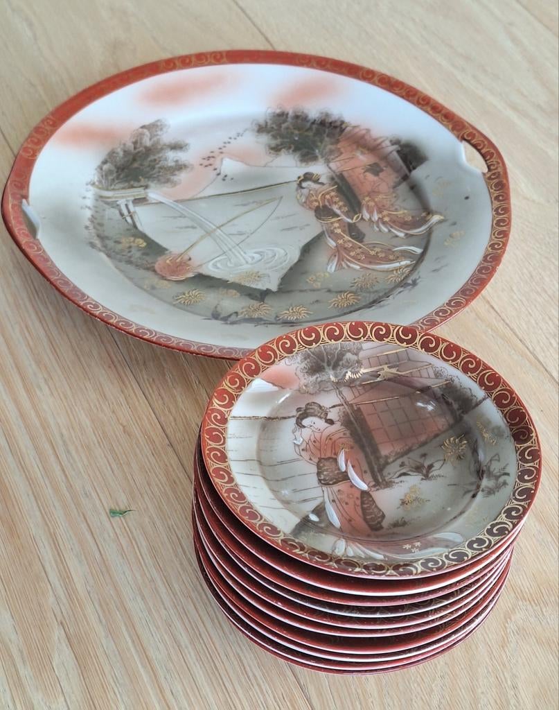 Japans Kutani porseleinen gebaksset., Antiek en Kunst, Antiek | Servies compleet, Ophalen of Verzenden