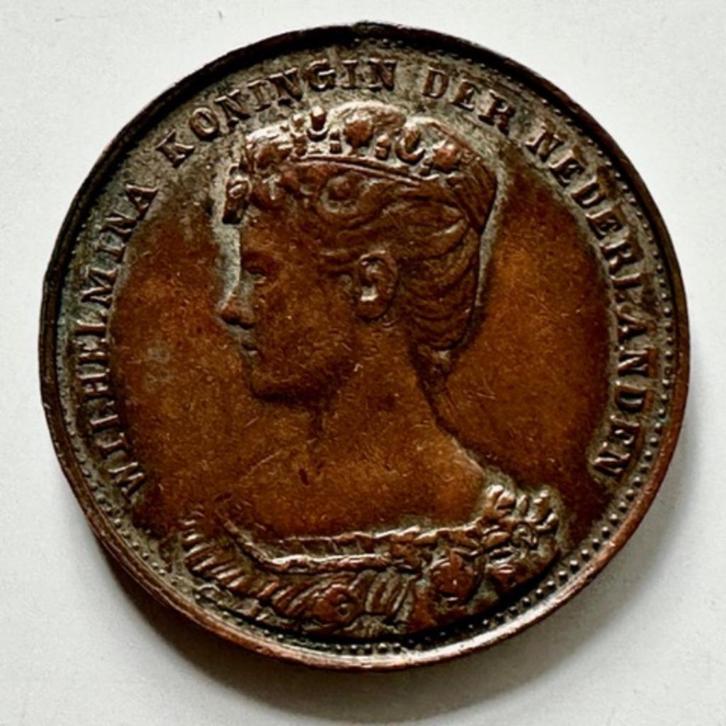 Penning inhuldiging Wilhelmina 1898 brons, Postzegels en Munten, Penningen en Medailles, Brons, Nederland, Ophalen of Verzenden