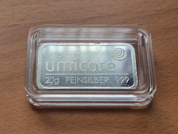 Umicore: 20 gram FEINSILBER 999 - Zilverbaar - Zilver., Postzegels en Munten, Edelmetalen en Baren, Zilver, Ophalen of Verzenden