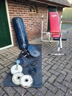 Fitness materialen: halterbank, gewichten en bokszak 20 kg, Sport en Fitness, Fitnessmaterialen, Ophalen, Gebruikt, Fitnessbank