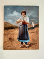 Schilderij breiend meisje in de duinen, Antiek en Kunst, Kunst | Schilderijen | Klassiek, Ophalen of Verzenden