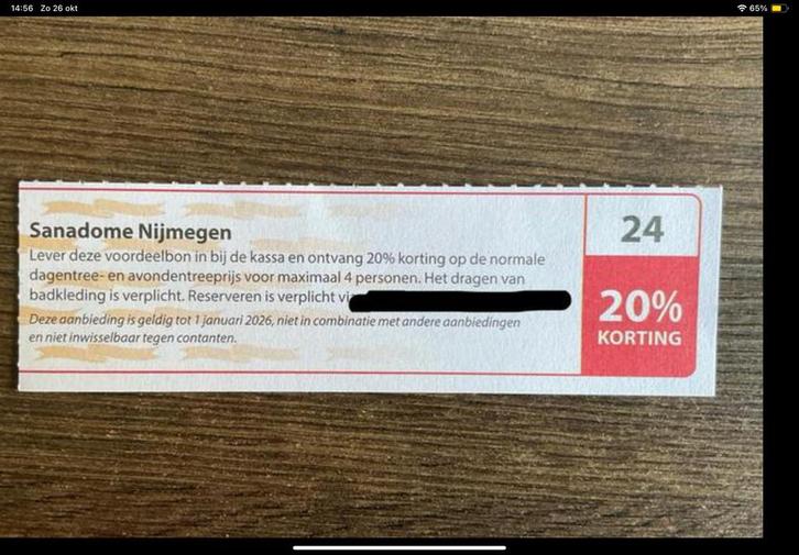 Kortingsbon voor sauna Sanadome Nijmegen (KWF), Tickets en Kaartjes, Kortingen en Cadeaubonnen, Drie personen of meer, Spa of Sauna