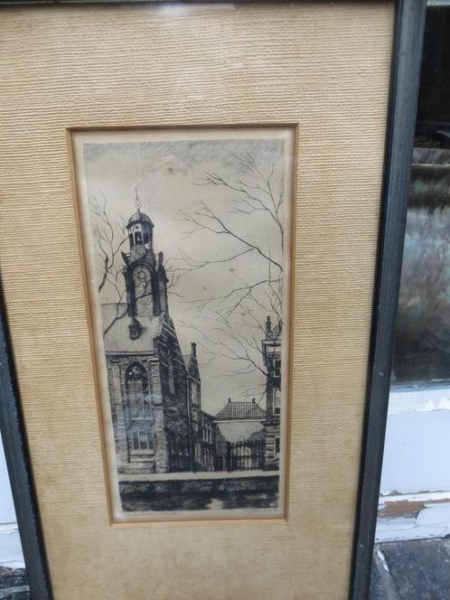 Jan Sirks, Mooie ets Universiteit van Leiden in lijstje, Antiek en Kunst, Kunst | Etsen en Gravures, Ophalen
