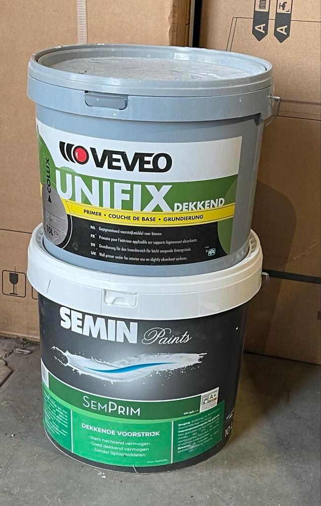 Veveo Unifix & Semin Semprim Voorstrijk, Doe-het-zelf en Verbouw, Verf, Beits en Lak, Gebruikt, Verf, 10 tot 15 liter, Wit, Ophalen