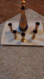 Blauwe glazen antieke karaf met 5 borrelglaasjes, Blauw, Ophalen of Verzenden, Minder dan 50 cm, Glas