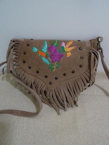 Leren schoudertasje Boho stijl geborduurd kolibrie vogel tas beschikbaar voor biedingen