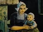 Originele nostalgische prent moeder en kind in oude lijst, Ophalen of Verzenden