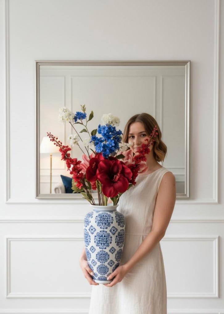 Nieuw luxe zijden boeket royal chic blauw wit rood groot, Huis en Inrichting, Woonaccessoires | Kunstplanten en Kunstbloemen, Nieuw