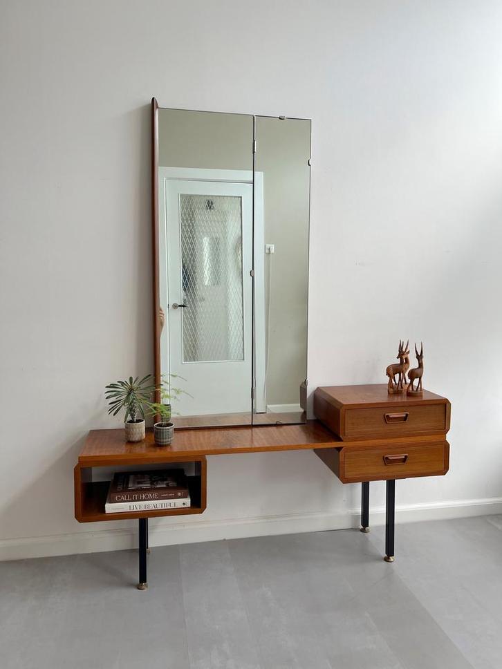 Vintage teakhouten kaptafel/toilettafel, jaren 60/midcentury, Huis en Inrichting, Tafels | Kaptafels, Gebruikt, Minder dan 100 cm