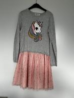 Eenhoorn jurk grijs met roze en tule unicorn maat 134/140, Meisje, Ophalen of Verzenden, Zo goed als nieuw, Jurk of Rok