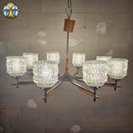 Vintage (jaren 60) kroonluchter (8 armen) chroom / hout, Gebruikt, Mid century % vintage, ., Ophalen of Verzenden