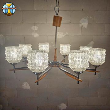 Vintage (jaren 60) kroonluchter (8 armen) chroom / hout beschikbaar voor biedingen