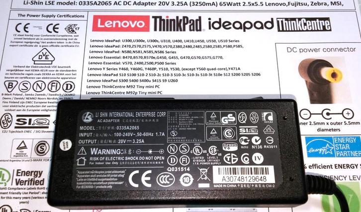 Li-Shin LSE 0335A2065 20V 3.25A 65W Adapter 40W 2A Lenovo, Computers en Software, Laptop-opladers, Zo goed als nieuw, Ophalen of Verzenden